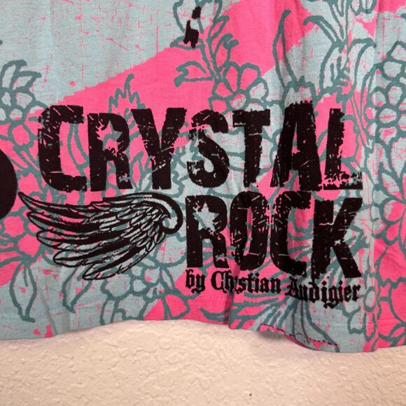 Christian Audigier Y2K Shirt Womens Large Crystal Rock Tokyo Sun Cherry Blossom - Picture 9 of 13